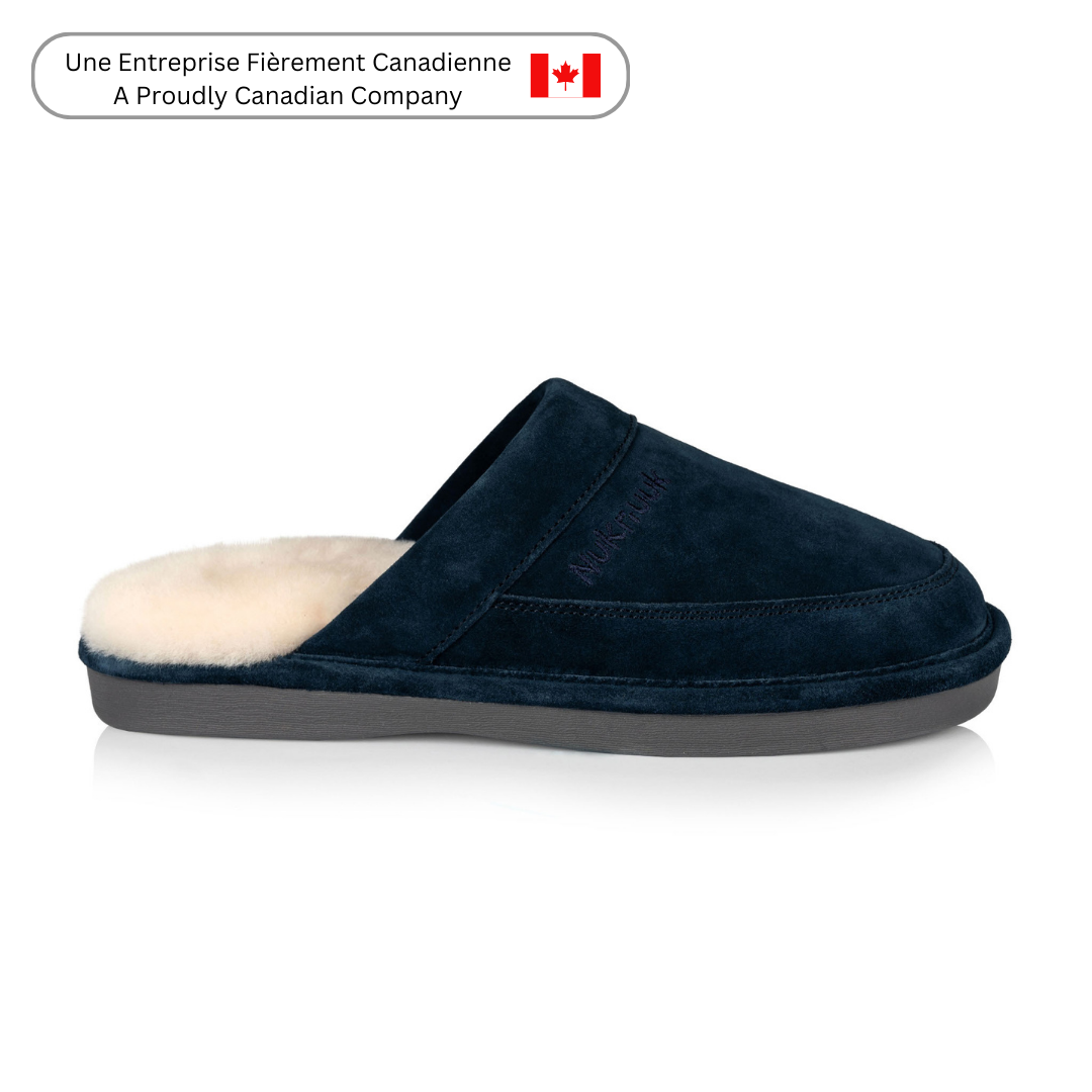 Navy Blue Men's Scuff Slippers with Fur Lining | Nuknuuk